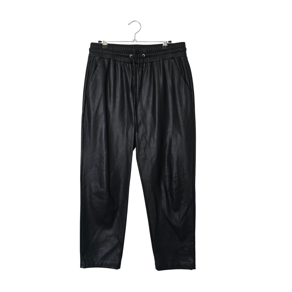 LOFT Joggers Womens Medium Black Faux Leather Elastic Waist Drawstring Tapered